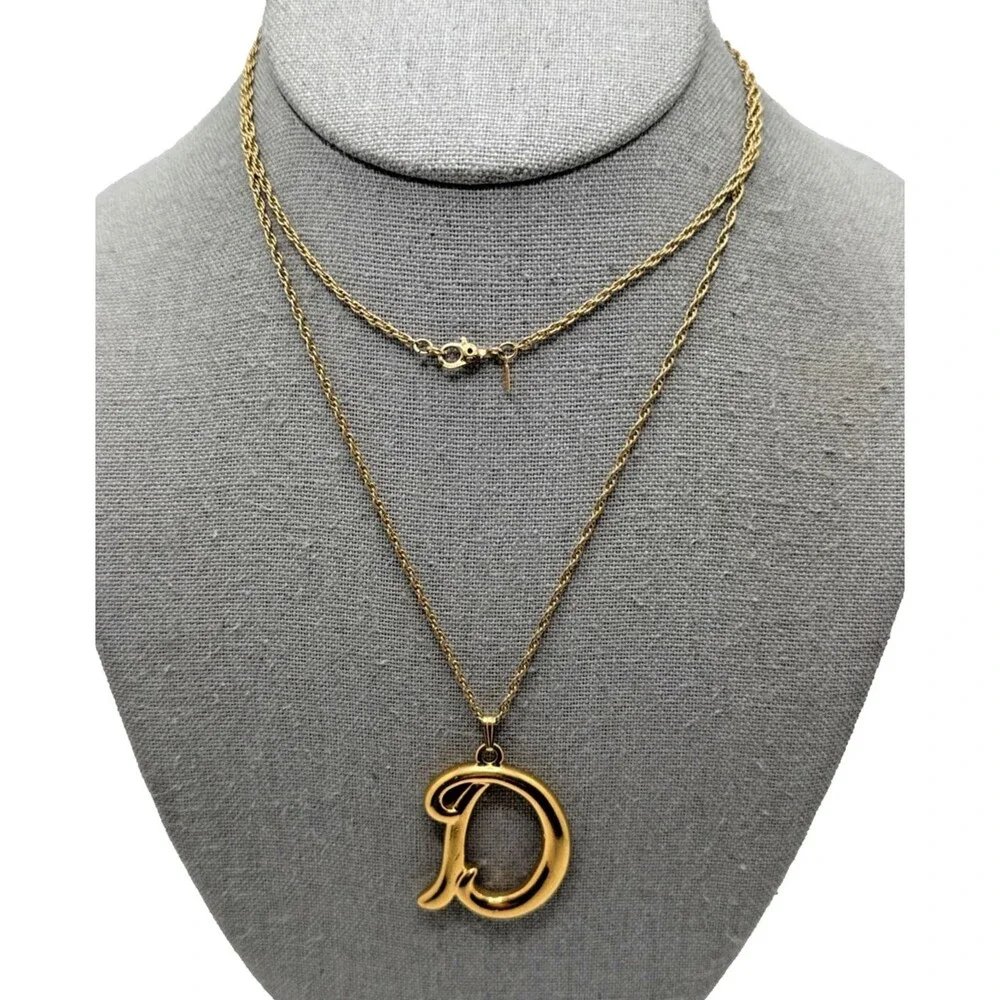 Vintage AVON Monogram D Pendant Necklace Monet Gold Tone Chain Long 30